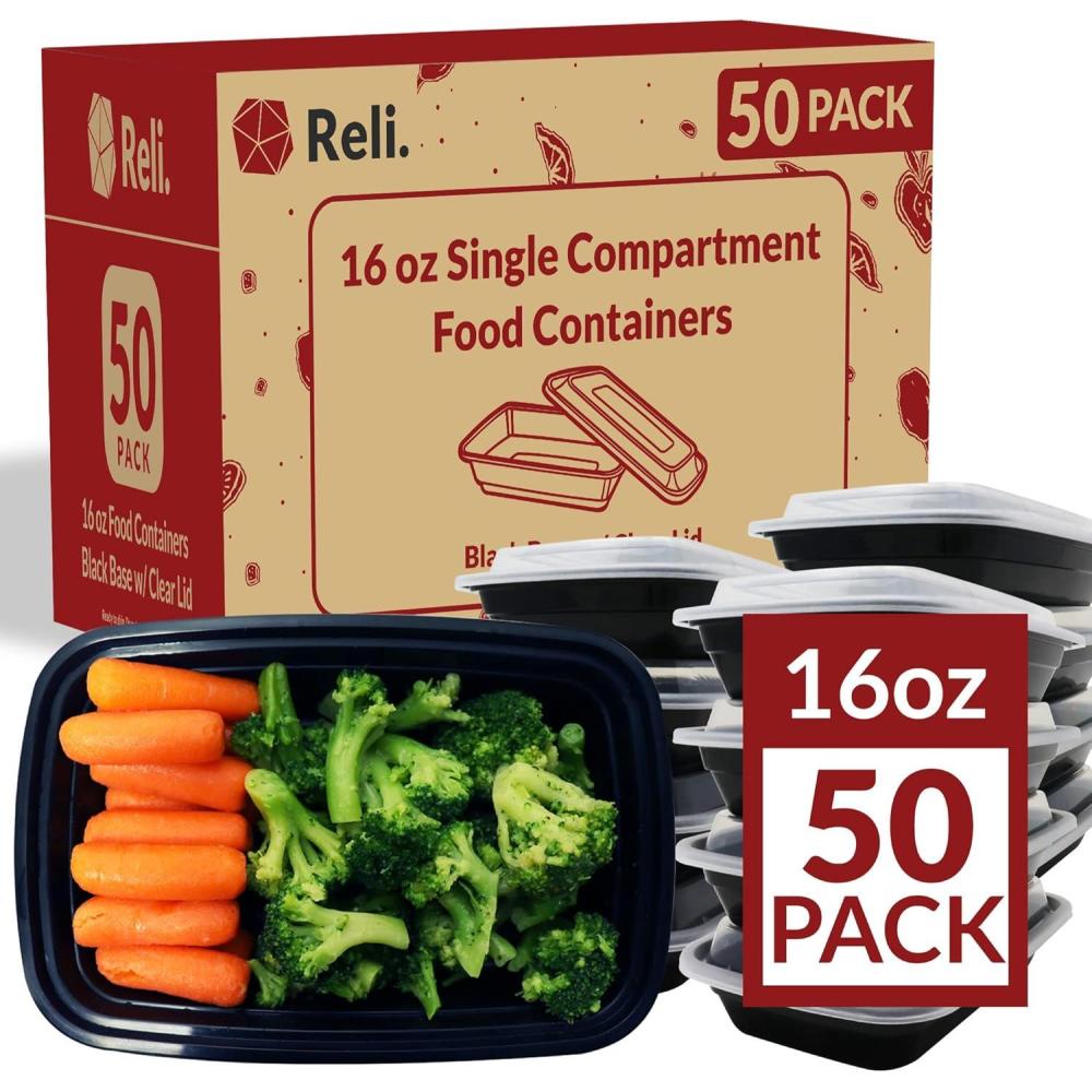 imageReli Meal Prep Containers 16 oz 50 Pack 1 Compartment Food Container wLids Microwavable Food Storage ContainersTo Go Black Reusable Bento BoxLunch Box for Meal Prep