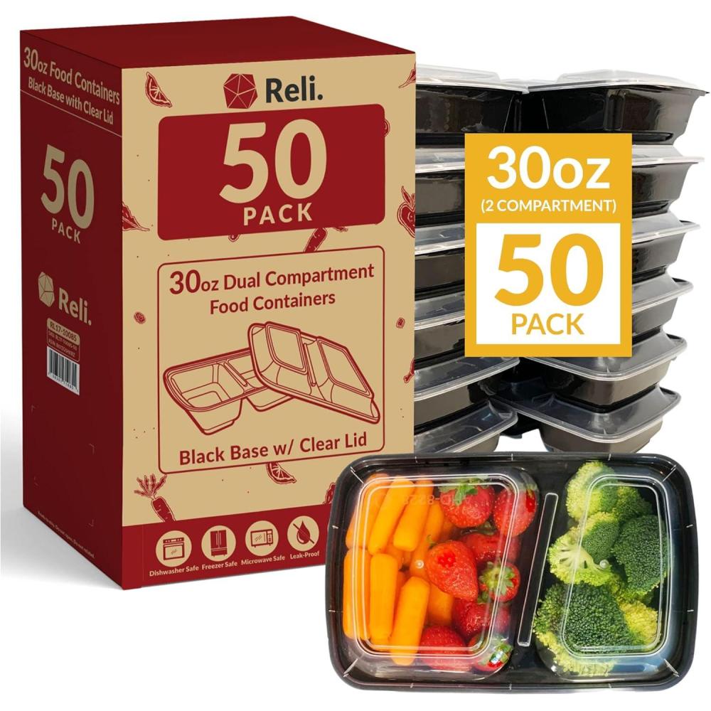 imageReli Meal Prep Containers 30 oz 50 Pack Black 2 Compartment Food Container with Lid Microwavable Food Storage Black Reusable Bento BoxLunch Box for Meal Prep 30 oz