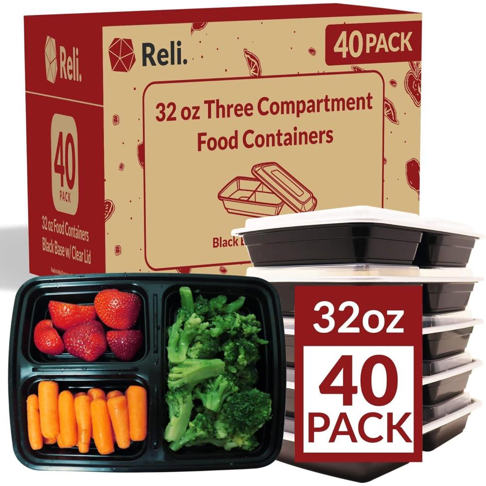 imageReli Meal Prep Containers 32 oz 40 Pack 3 Compartment Food Container wLids Microwavable Food Storage To Go Black Reusable Bento BoxLunch Box for Meal Prep