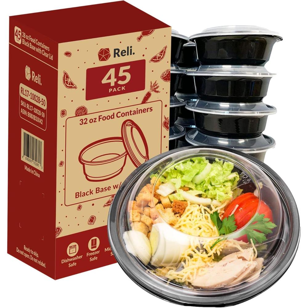 imageReli Meal Prep Containers 32 oz 45 Pack Reusable Meal Prep BowlsFood Containers Microwavable Bowls with Airtight Lids Black Food Storage