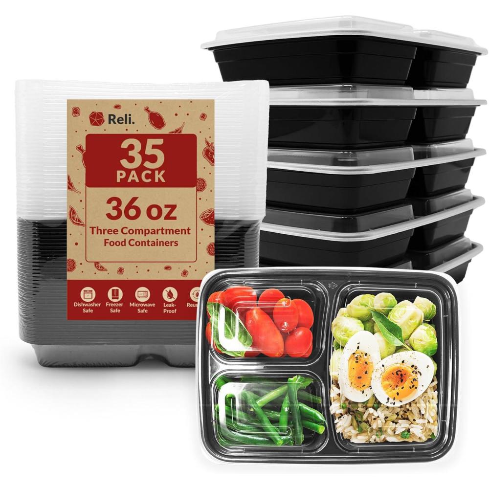 imageReli Meal Prep Containers 36 oz 35 Pack 3 Compartment Meal Prep Containers Reusable Plastic Take Out Food Box Microwavable Boxes with Lids for Takeout To Go Leftover