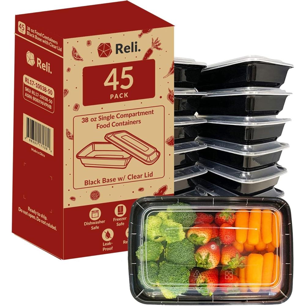 imageReli Meal Prep Containers 38 oz 45 Pack Large 1 Compartment Food Container wClear Lids Microwavable Food Storage Black Reusable Bento BoxLunch Box for FoodMeal Prep