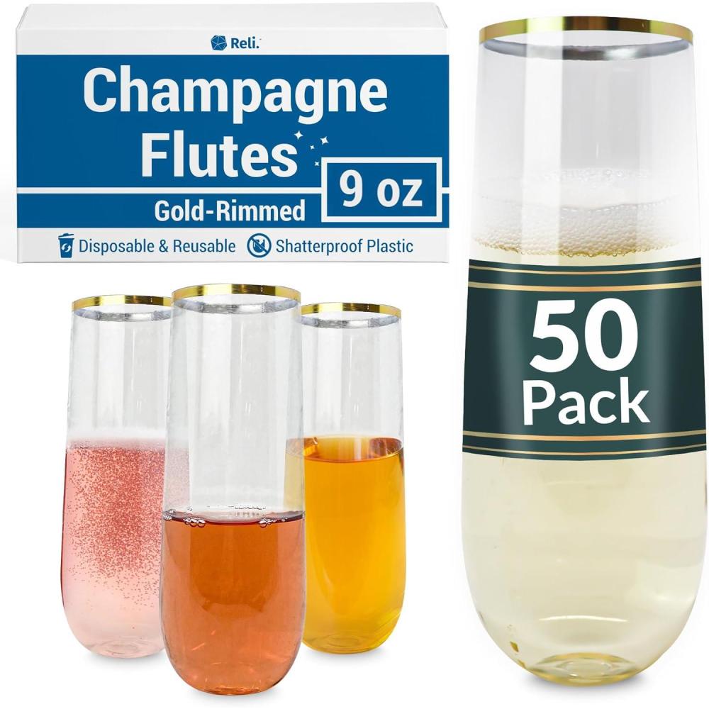 imageReli Plastic Champagne Flutes 50 Pack 9oz Clear wGold Rim Stemless Disposable Champagne Flutes for Champagne Mimosa Cocktail Wedding BPAFree Champagne Glasses Plastic Shatterproof