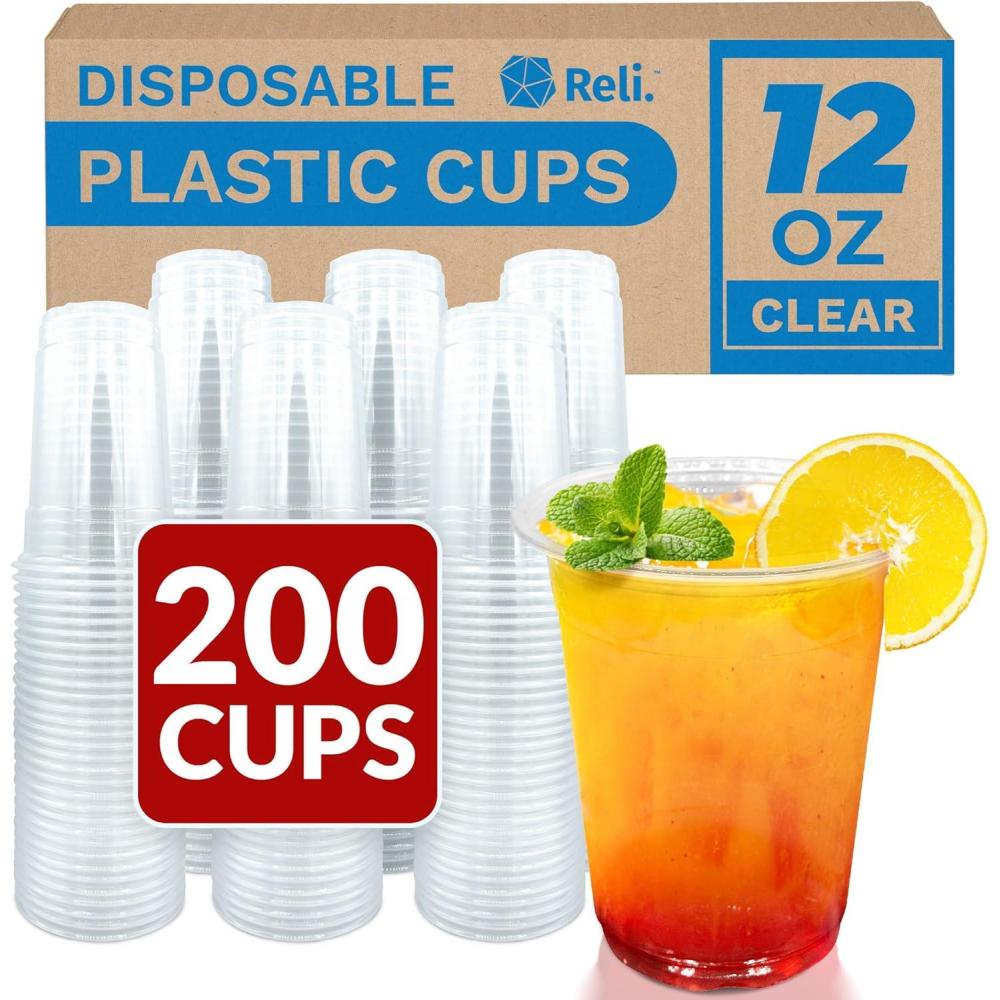 imageReli Plastic Cups 12 oz 200 Pack Clear Plastic Cups Disposable PET Clear Disposable Bulk 12 oz PET Containers for Iced Coffee Smoothies Cold Drinks Party
