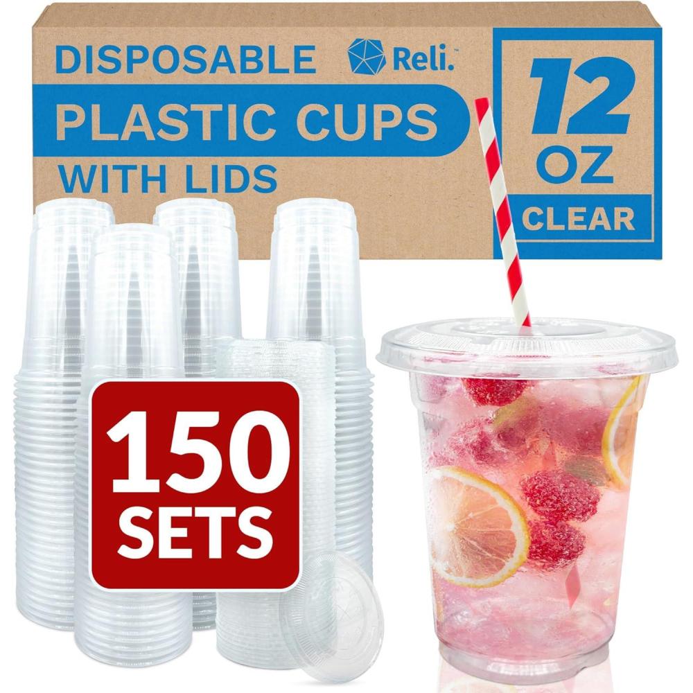 imageReli Plastic Cups with Lids 12 oz 150 Sets Clear Plastic Cups with Lids Clear Disposable PET Bulk 12 oz PET Container with Flat Tops for Desserts Iced Coffee Smoothies To Go Drinks