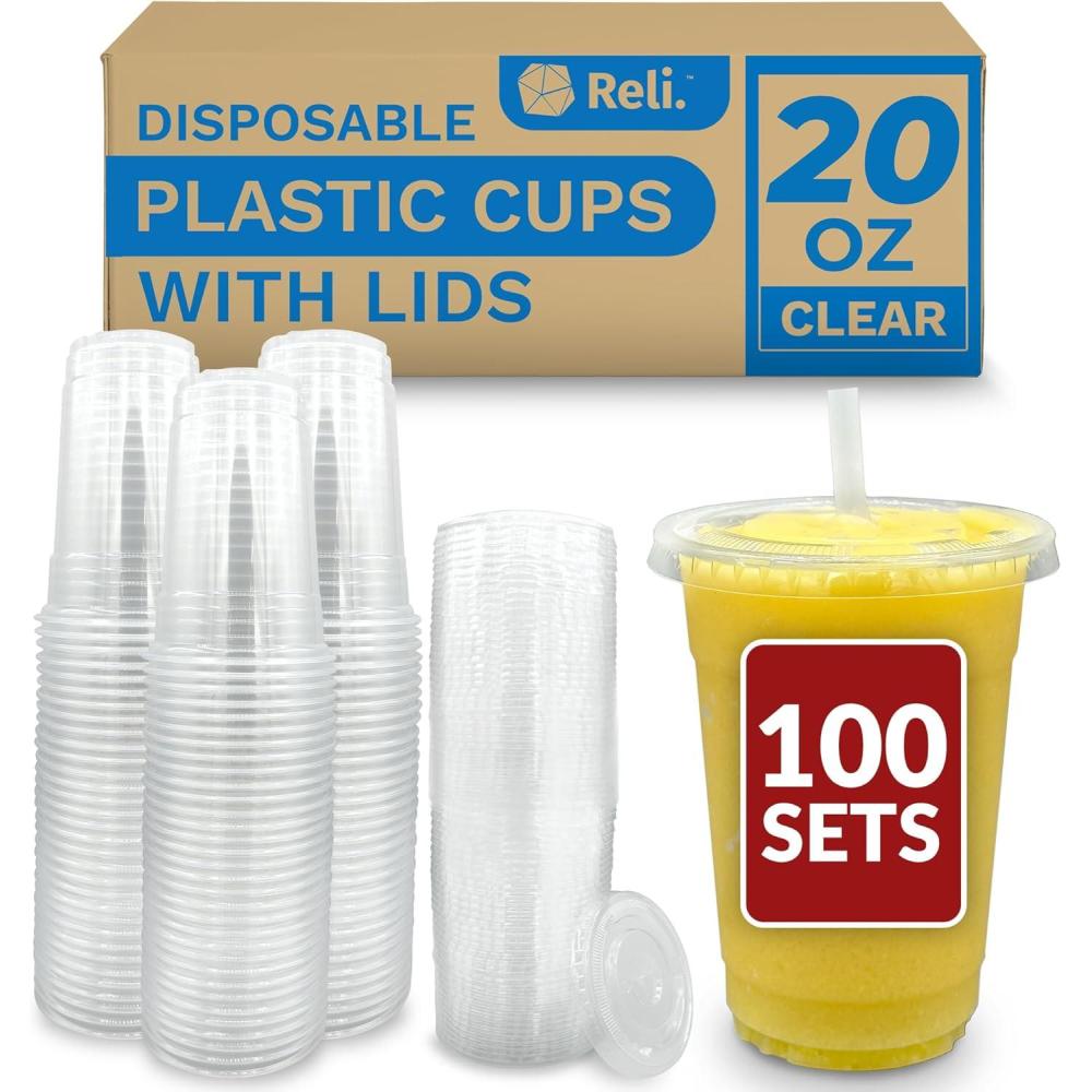 imageReli Plastic Cups with Lids 20 oz 100 Sets Clear Plastic Cups with Lids To Go Leak Proof Use for Smoothies Iced Coffee100