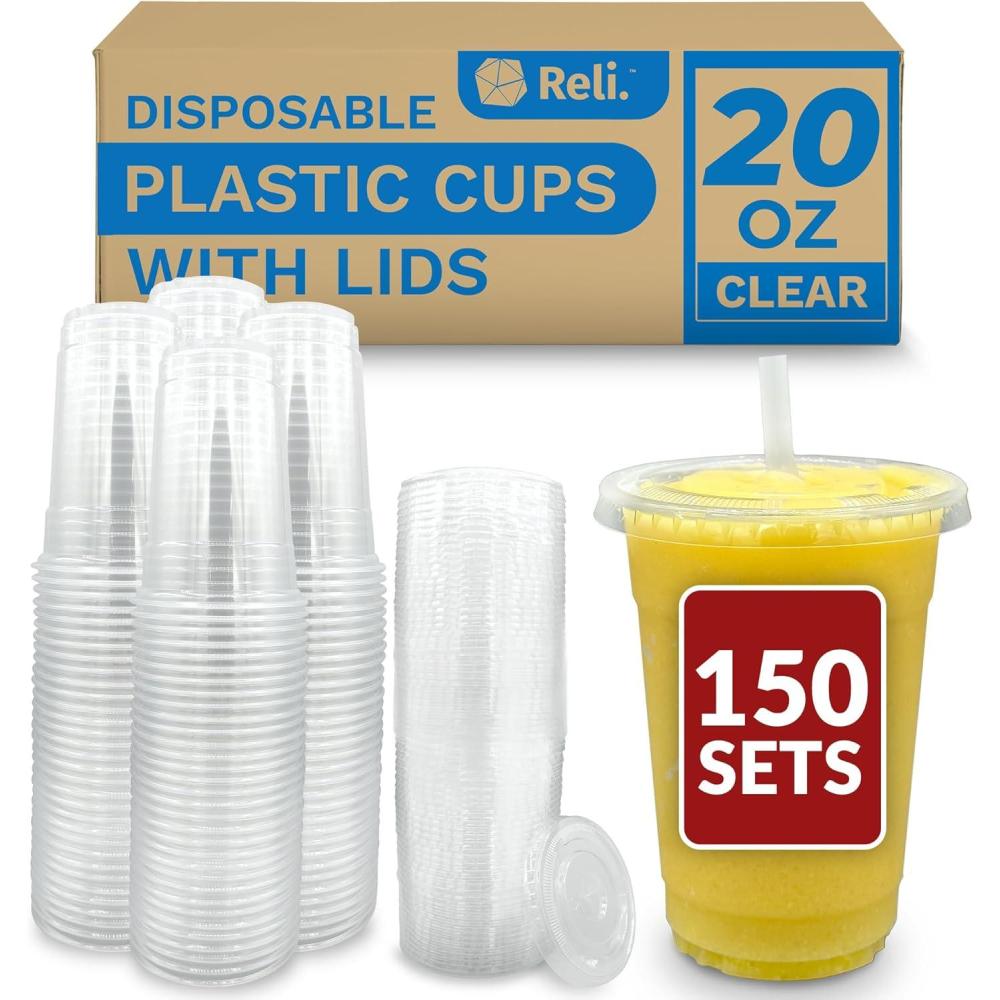 imageReli Plastic Cups with Lids 20 oz 150 Sets Clear Plastic Cups with Lids To Go Leak Proof Use for Smoothies Iced Coffee150