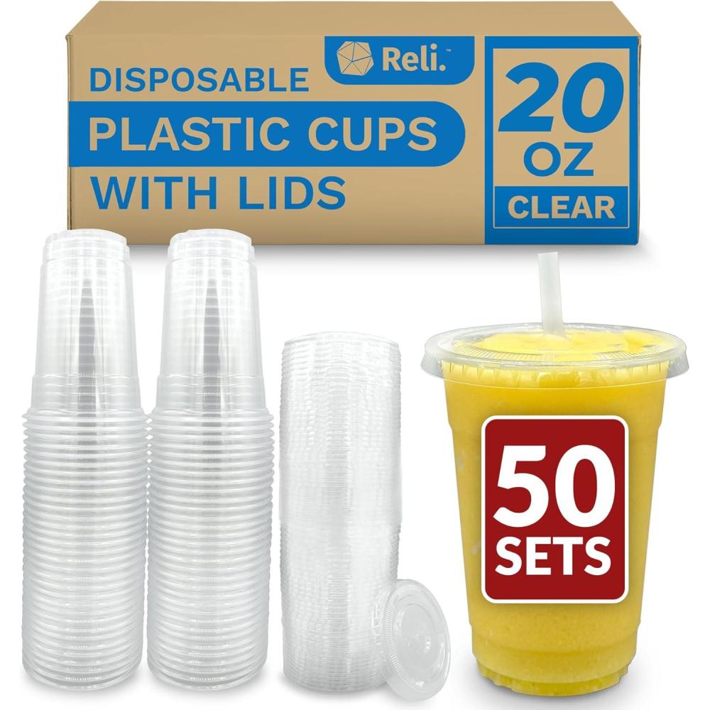imageReli Plastic Cups with Lids 20 oz 50 Sets Clear Plastic Cups with Lids To Go Leak Proof Use for Smoothies Iced Coffee