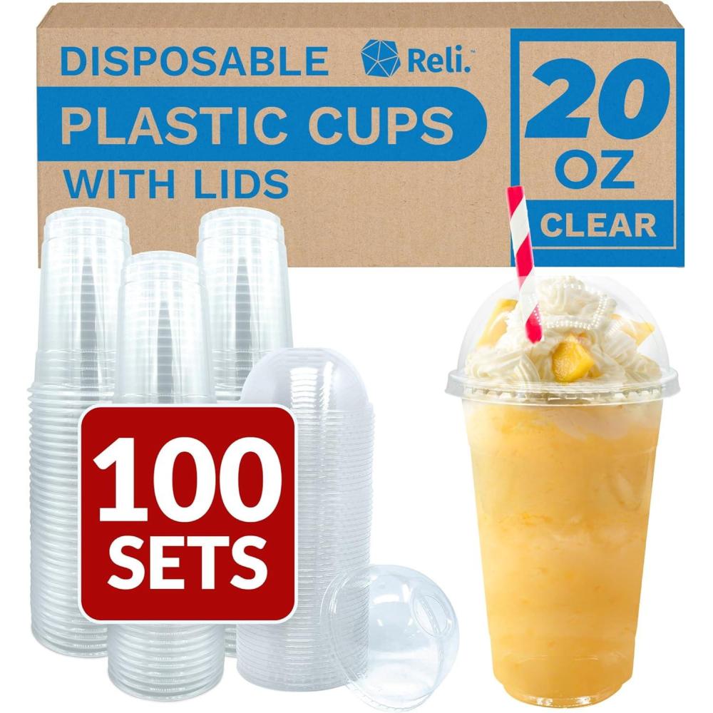 imageReli Plastic Cups with Lids 20 oz 100 Sets Clear Plastic Cups with Dome Lids 20 oz PET Clear Disposable Bulk PET Containers for Party Iced Coffee Smoothies To Go Drinks