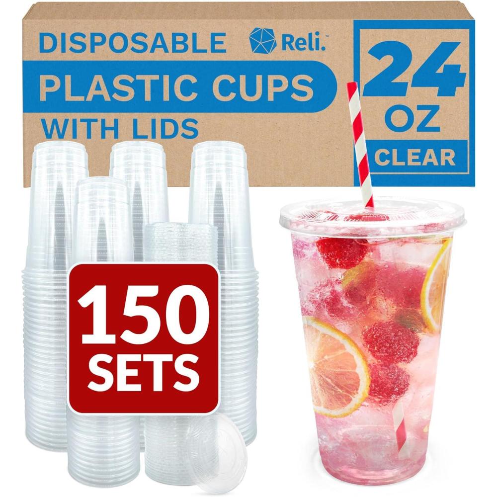 imageReli Plastic Cups with Lids 24 oz 150 Sets Clear Plastic Cups with Lids PET Clear Disposable Bulk PET Containers with Flat Tops for Party Iced Coffee Smoothies To Go Drinks