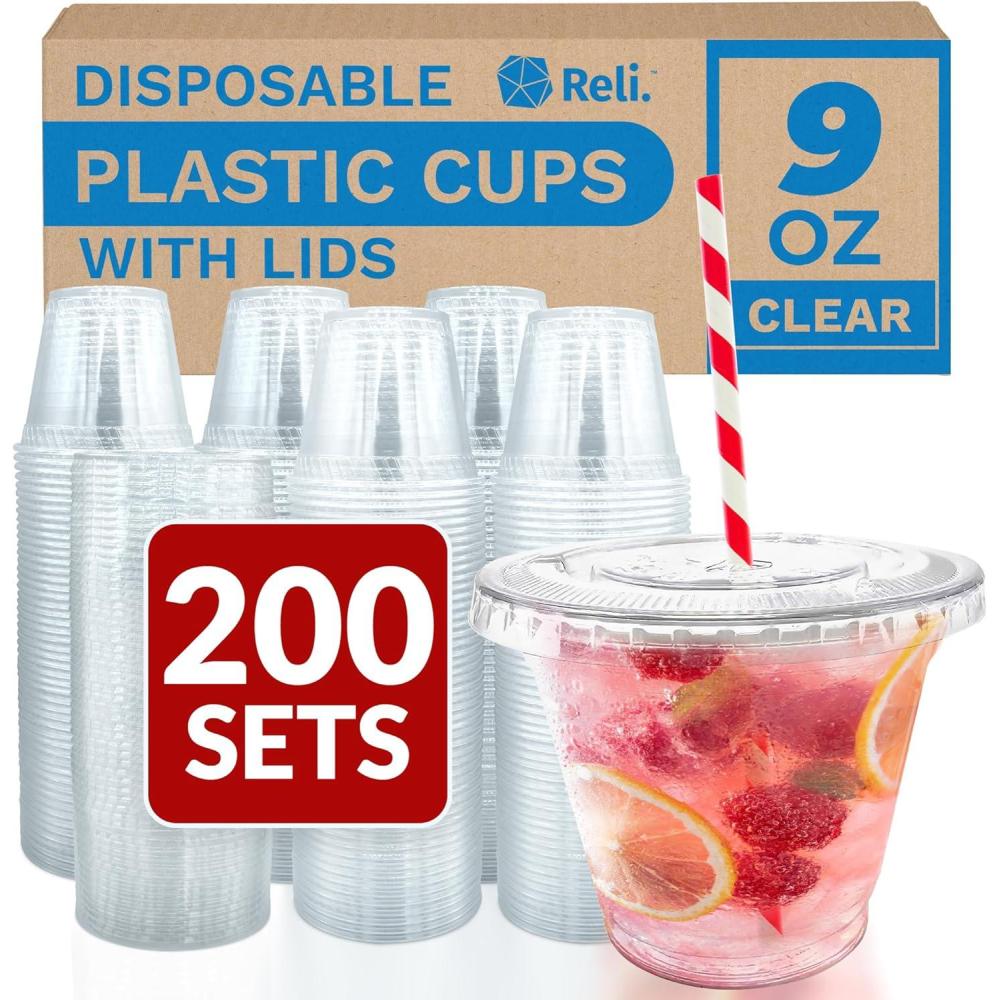 imageReli Plastic Cups with Lids 9 oz 200 Sets Clear Plastic Cups with Lids 9 oz Disposable PET Bulk PET Container Clear with Flat Tops for Party Desserts Coffee To Go Drinks9 oz