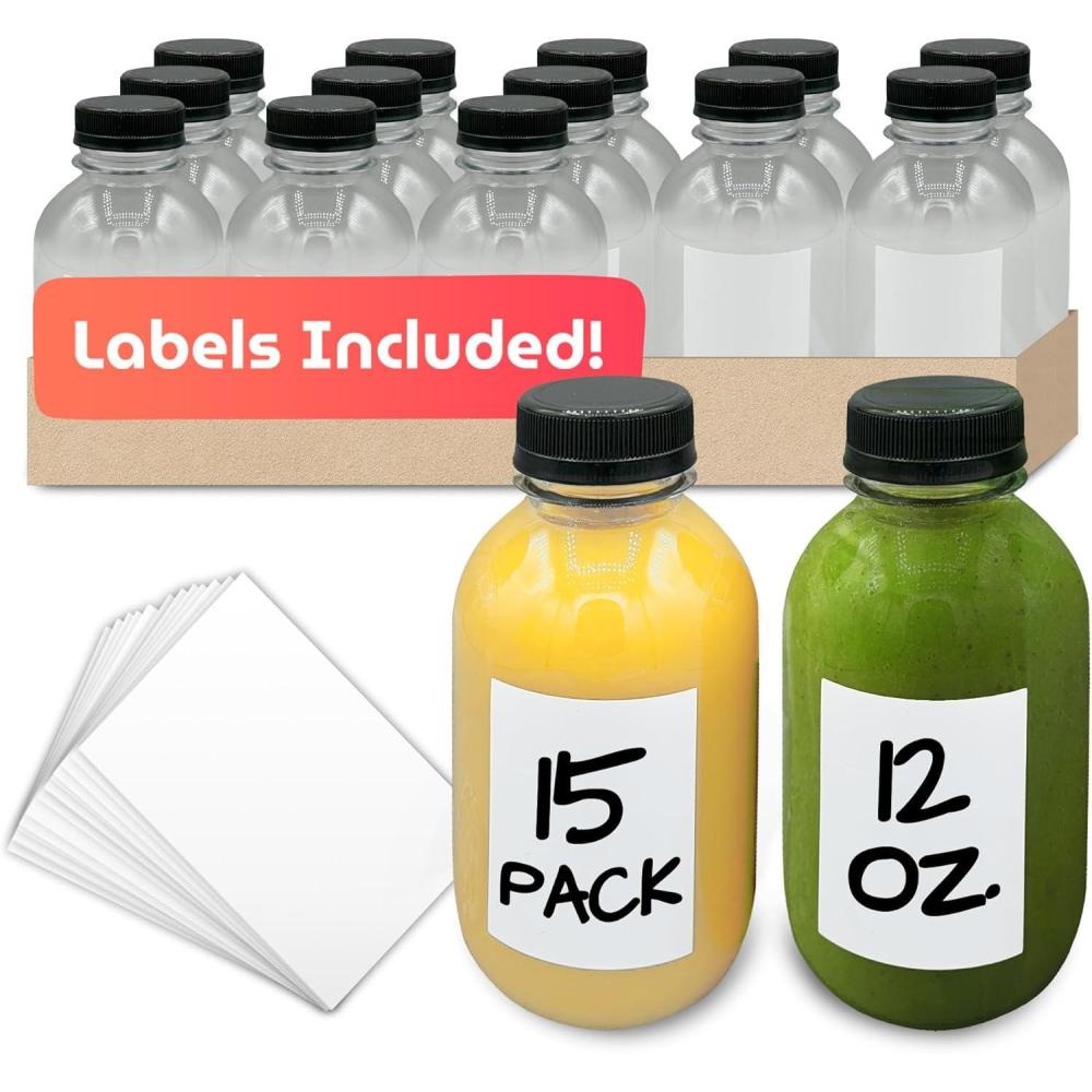 imageReli Plastic Juice Bottles 15 Pack 12 oz Round Plastic Juice Bottles with Caps amp Sticker Labels Clear Empty for Juicing 12oz Disposable Reusable Containers for Juicing Smoothies