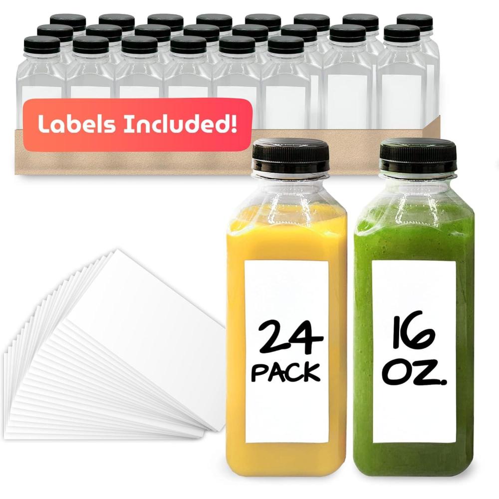 imageReli Plastic Juice Bottles 24 Bulk Pack 16 oz Square 16 oz Plastic Bottles with Caps amp Sticker Labels Clear Empty for Drinks 16oz Disposable Reusable Containers for Juicing Smoothies24