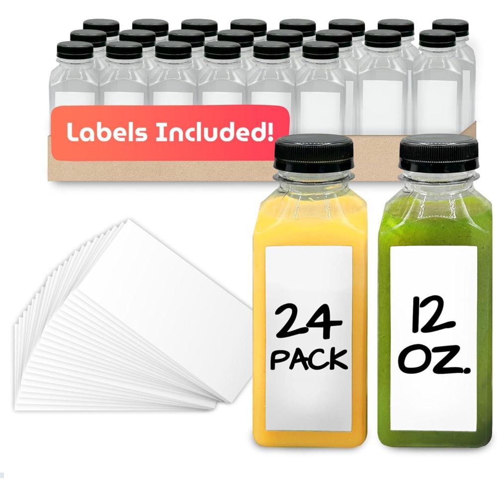 imageReli Plastic Juice Bottles 24 Pack 12 oz Square Plastic Juice Bottles with Caps amp Sticker Labels Clear Empty for Juicing 12oz Disposable Reusable Containers for Juicing Smoothies24