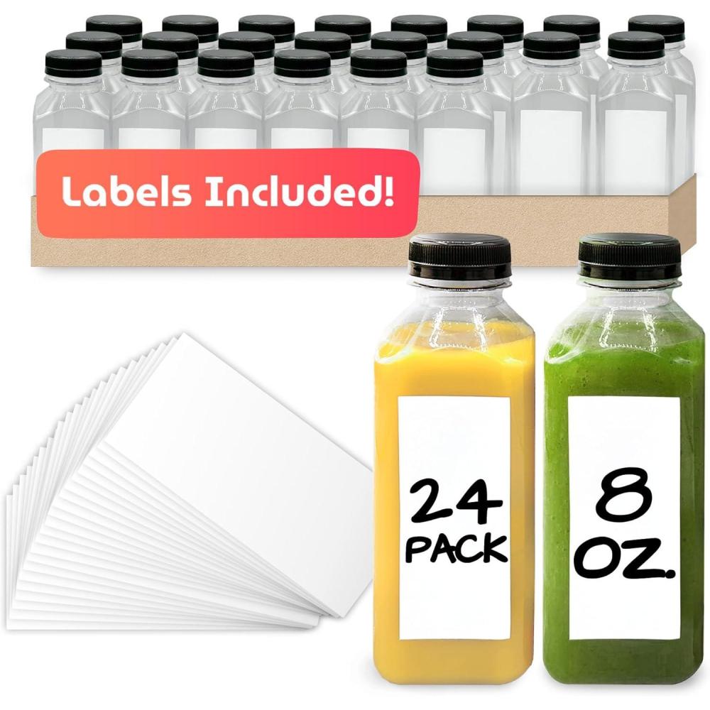 imageReli Plastic Juice Bottles 24 Pack 8 oz Square Plastic Juice Bottles with Caps amp Sticker Labels Clear Empty for Juicing 8oz Disposable Reusable Containers for Juicing Smoothies