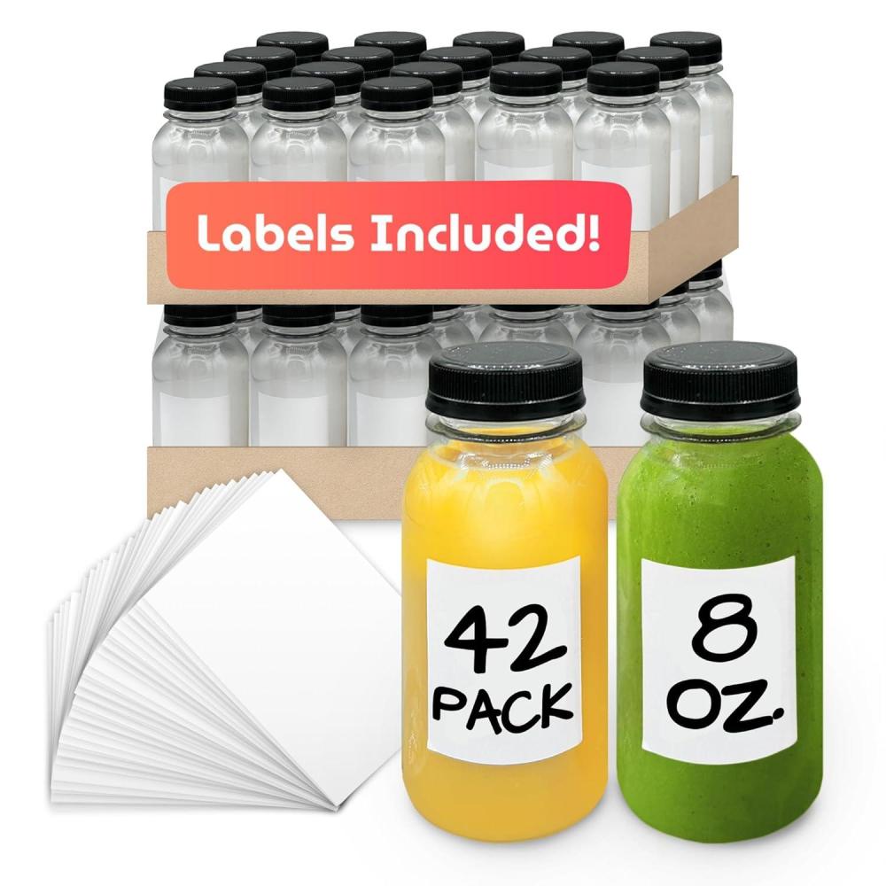 imageReli Plastic Juice Bottles 42 Pack Bulk 8 oz Round Plastic Juice Bottles with Caps amp Sticker Labels Clear Empty for Juicing 8oz Disposable Reusable Containers for Juicing Smoothies