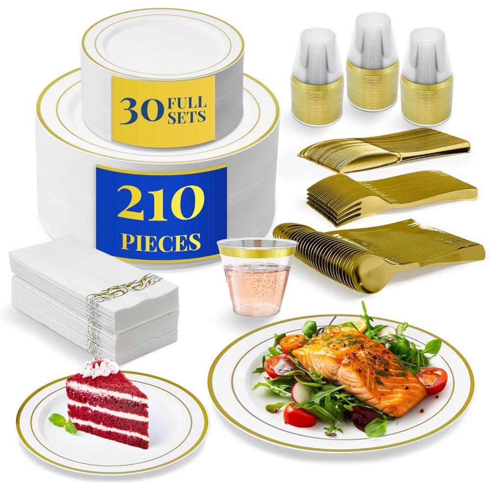 imageReli Plastic Plates for Party 210 Pieces White wGold Rim Plates and Napkins Party Supplies Disposable Dinnerware Set for 30 Guests Dinner amp Dessert Pack Gold Cutlery Set Napkins Cups