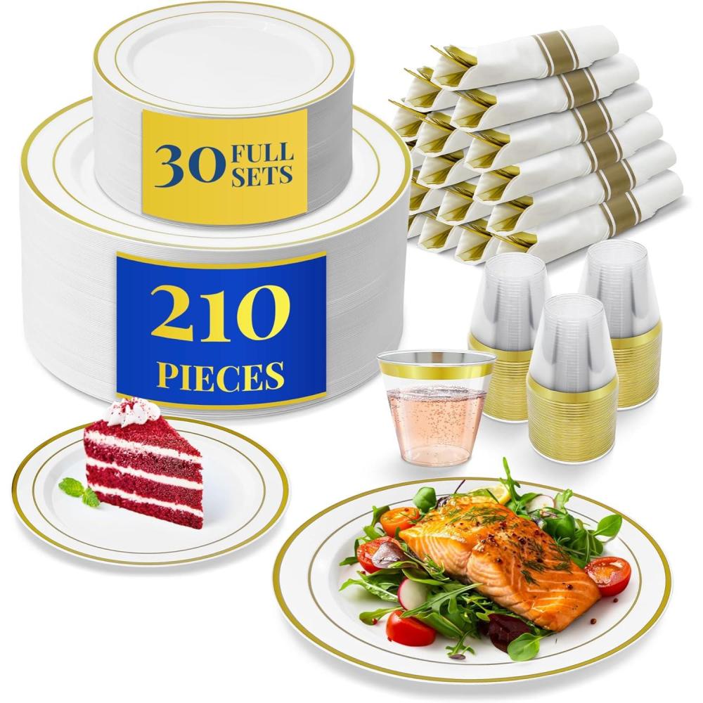 imageReli Plastic Plates for Party 210 Pieces White wGold Rim Plates and Napkins Party Supplies Disposable Dinnerware Set for 30 Guests Dinner amp Dessert Pack PreRolled Gold Cutlery Set Cups