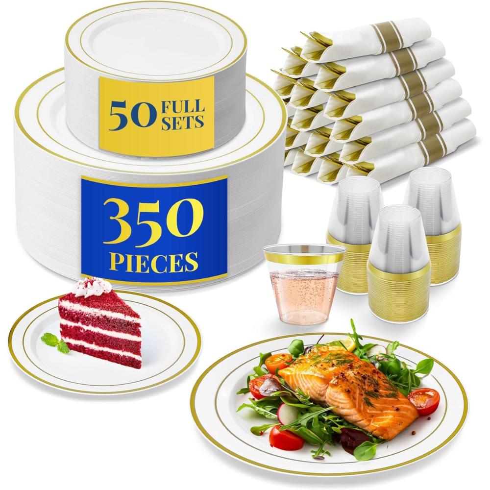 imageReli Plastic Plates for Party  350 Pieces  White wGold Rim  Plates and Napkins Party Supplies  Disposable Dinnerware Set for 50 Guests  Dinner amp Dessert Pack PreRolled Gold Cutlery Set Cups