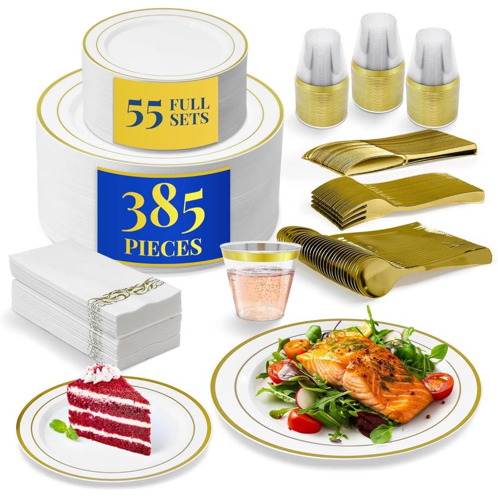 imageReli Plastic Plates for Party 385 Pieces White wGold Rim Plates and Napkins Party Supplies Disposable Dinnerware Set for 55 Guests Dinner amp Dessert Pack Gold Cutlery Set Napkins Cups
