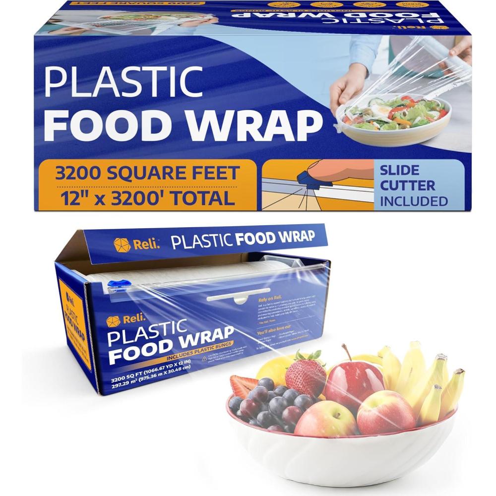 imageReli Plastic Wrap for Food 12 x 3200 SQ FT Bulk Roll Cling Wrap with Slide Cutter Clear Kitchen Use Plastic WrapCling Film for Food Service Microwave Safe12 x 3200