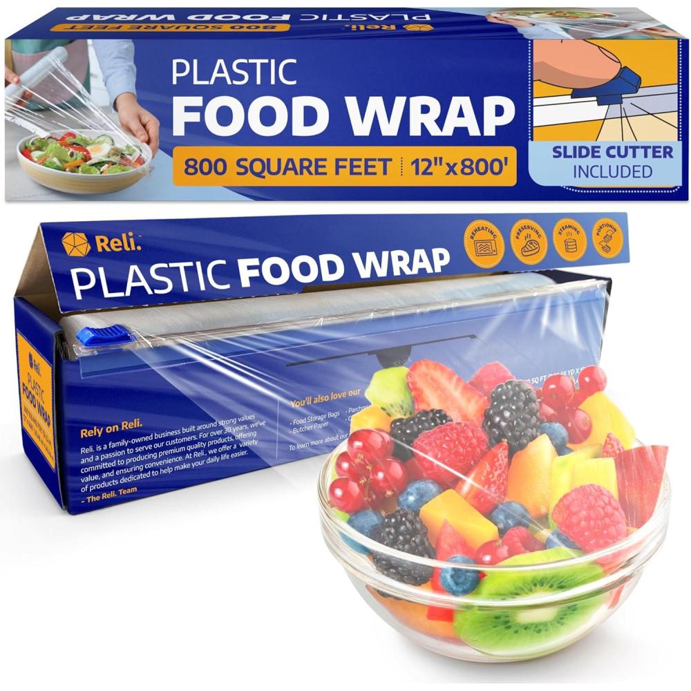 imageReli Plastic Wrap for Food 12 x 800 SQ FT Cling Wrap with Slide Cutter Clear Kitchen Use Plastic Cling Film for Food Service Microwave Safe