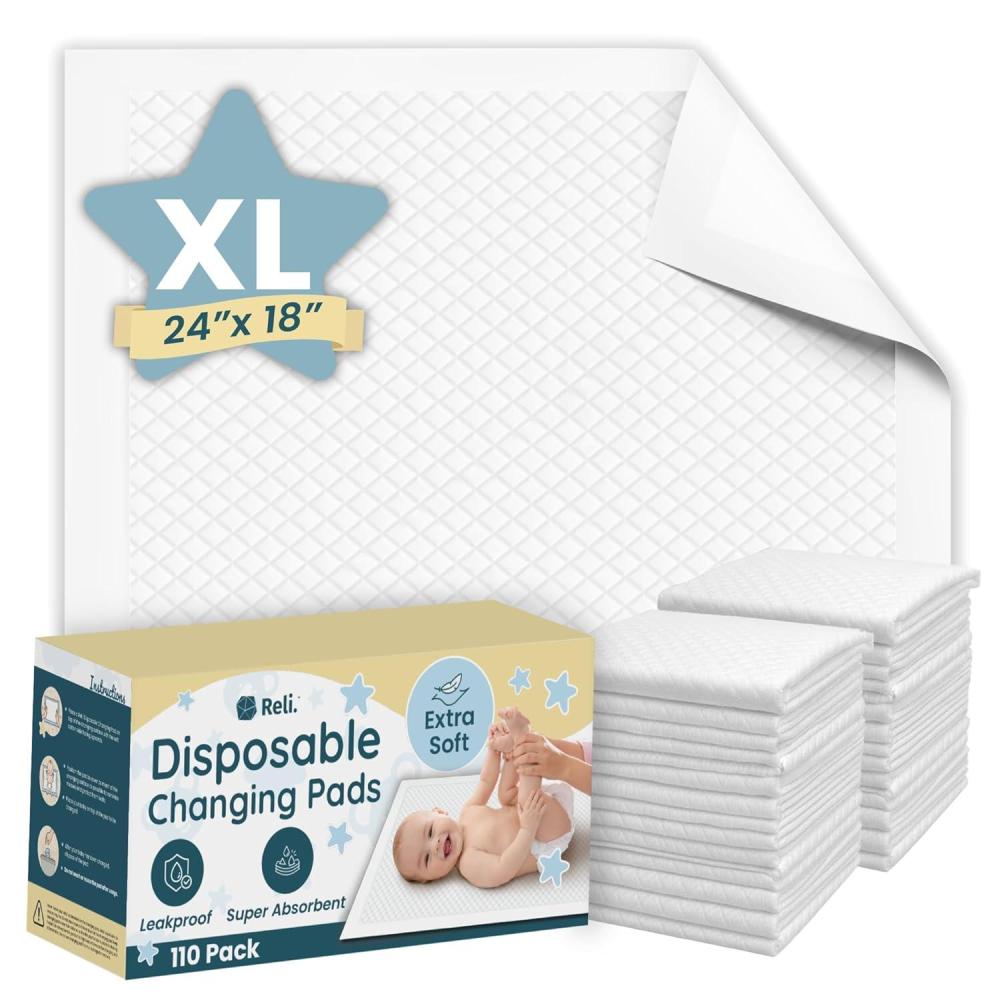 imageReli Premium XL Disposable Baby Changing Pad Liners XL 24 x 18 110 Pack Super Absorbent Soft Waterproof Quick Dry Carry on The Go for Quick Diaper Changes White