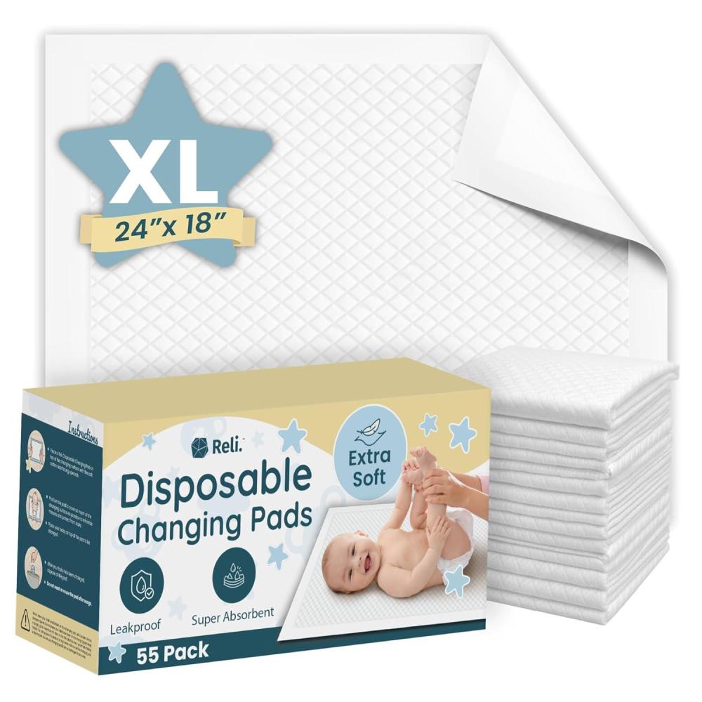 imageReli Premium XL Disposable Baby Changing Pad Liners XL 24 x 18 55 Pack Super Absorbent Soft LeakProof Waterproof Quick Dry Carry On The Go for Quick Diaper Changes White