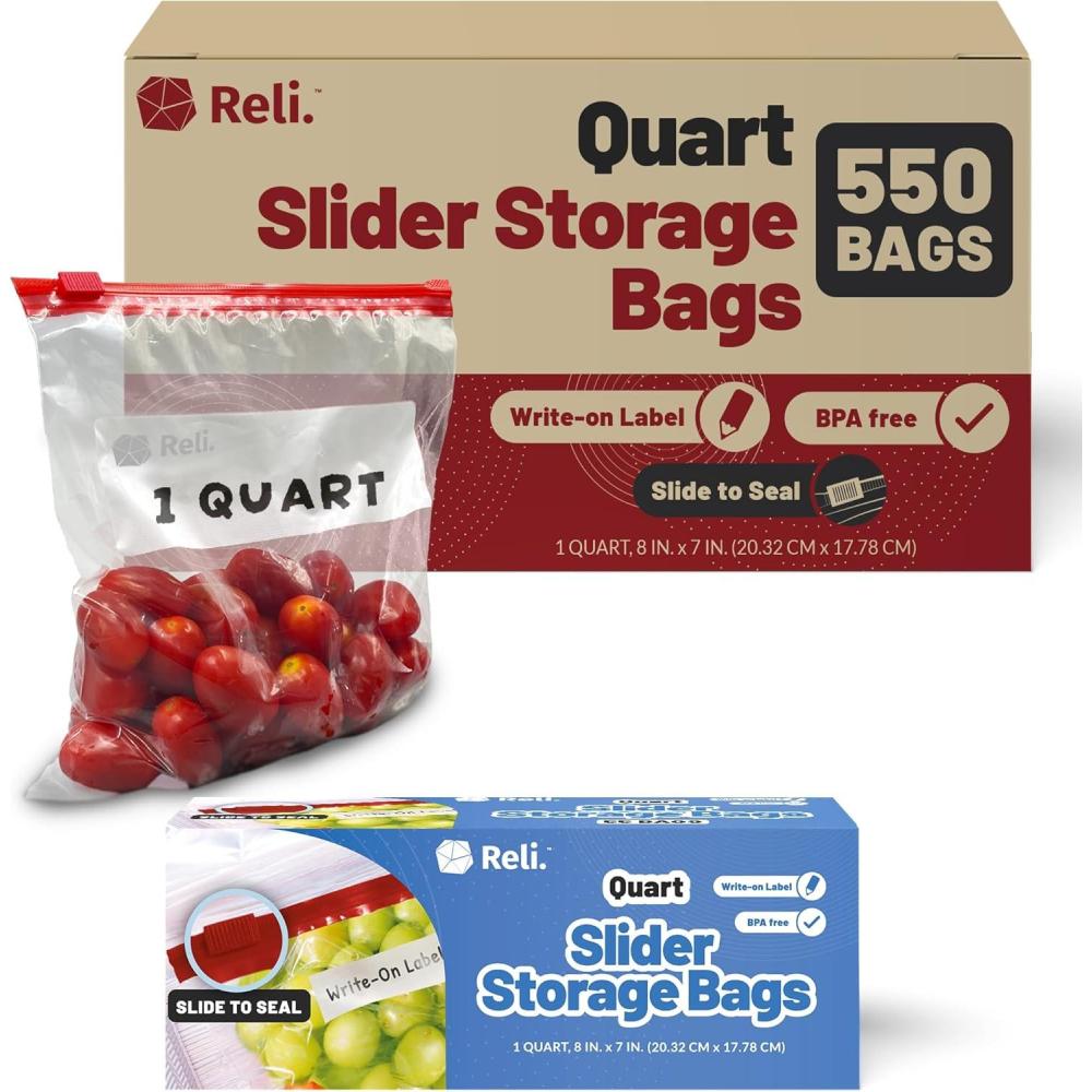 imageReli Slider Quart Storage Bags 550 Count 8x7 inch Quart Slider Bags Food Storage 1Qt Size Write on Label Bulk Clear wRed Closure for Snacks Lunch Meal Prep