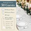 Reli. Plastic Plates for Party | 350 Pcs | White w/Silver Rim | Plates and Napkins Party Supplies | Disposable Dinnerware Set for 50 Guests |Dinner & Dessert Pack, Pre-Rolled Silver Cutlery Set, Cups