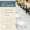 Reli. Plastic Plates for Party | 385 Pcs | White w/Silver Rim | Plates and Napkins Party Supplies | Disposable Dinnerware Set for 55 Guests |Dinner & Dessert Pack, Silver Cutlery Set, Napkins, Cups