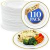 Reli. 110 Pcs Plastic Dinner Plates, Disposable (10.25 inch, White w/Gold Rim) Heavy Duty Plates for Party, Elegant Dinner, Wedding, Birthday | White, Hard Plastic