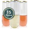 Reli. Champagne Flutes Plastic | 15 Pack | 9 oz – Gold Rim Clear | Stemless Premium Plastic Champagne Flutes | Party-Perfect for Celebrations