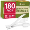 Reli. Compostable Utensils Set (180 Pack) | (60 Ea.) Knives, Forks, Spoons Disposable Utensils Heavy Duty | Compostable Cutlery Set for Party, Events | BPA Free, Cornstarch,Composting Flatware (White)
