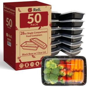Reli. 28 oz Meal Prep Containers w/Lids – 50 Pack | Leftover To Go, Takeout | Microwave Safe | Disposable Containers for Food Storage | Take Home/Lunch/Meal Planning | Plastic | Black
