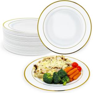 Reli. 55 Pcs Plastic Dinner Plates, Disposable (10.25 inch, White w/Gold Rim) | Plates for Party, Heavy Duty | Elegant White Dinner Tray | Hard Plastic, for Wedding, Birthday, Christmas