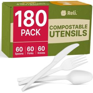 Reli. Compostable Utensils Set (180 Pack) | (60 Ea.) Knives, Forks, Spoons Disposable Utensils Heavy Duty | Compostable Cutlery Set for Party, Events | BPA Free, Cornstarch,Composting Flatware (White)