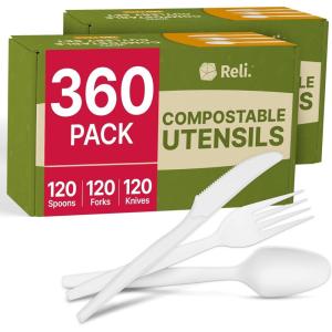 Reli. Compostable Utensils Set (360 Pack) | (120 Ea.) Knives, Forks,Spoons Disposable Utensils Heavy Duty | Compostable Cutlery Set for Party, Events | BPA Free, Cornstarch,Composting Flatware (White)