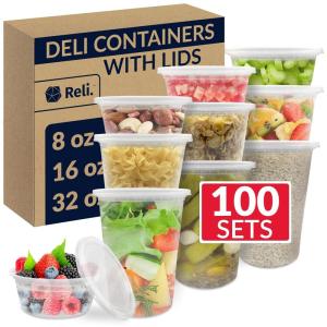Reli. Deli Containers with Lids (100 Sets Total) Variety Pack – 8oz (40 pc) 16oz (40pc) 32oz (20 pc) w/Lids | Plastic Soup Container Food Storage | BPA Free, Disposable | Microwave Freezer Safe