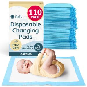 Reli. Disposable Changing Pads for Baby (110 Pack) | Disposable Diaper Changing Pads, 13″ x 18″ | Super Absorbent, Leak-Proof Liners | Waterproof, Quick Dry Underpads (Blue/White)