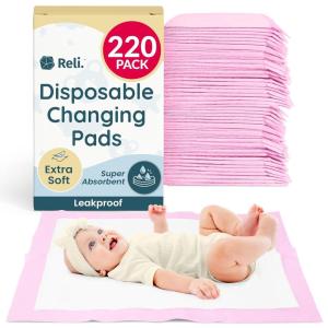 Reli. Disposable Changing Pads for Baby (220 Pack) | Disposable Diaper Changing Pads, 13″ x 18″ | Super Absorbent, Leak-Proof Liners | Waterproof, Quick Dry Underpads (Pink/White)