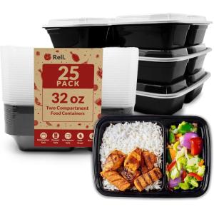 Reli. Meal Prep Containers 32 oz (25 Pack) 2 Compartment Meal Prep Containers Reusable, Microwave Safe | Plastic Togo Box for Food | Boxes for Takeout, To Go, Leftover, Food