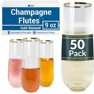Reli. Plastic Champagne Flutes (50 Pack, 9oz) Clear w/Gold Rim, Stemless | Disposable Champagne Flutes for Champagne, Mimosa, Cocktail, Wedding | BPA-Free Champagne Glasses Plastic, Shatterproof