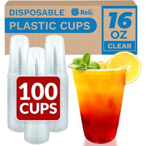 Reli. Plastic Cups 16 oz (100 Pack) | Clear Plastic Cups Disposable | PET Clear Disposable Bulk | 16oz PET Drinking Containers for Party, Iced Coffee, Cold Drinks, Smoothies, To Go