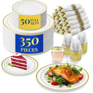 Reli. Plastic Plates for Party | 350 Pieces | White w/Gold Rim | Plates and Napkins Party Supplies | Disposable Dinnerware Set for 50 Guests | Dinner & Dessert Pack, Pre-Rolled Gold Cutlery Set, Cups