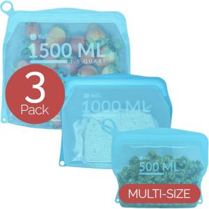 Reli. Reusable Silicone Bags (3 Pack, Multi-Size) | Snack, Sandwich, Gallon (1 Each) Aqua | Silicone Bags for Food Storage | Reusable Food Storage for Meal Prep | Dishwasher/Freezer Safe