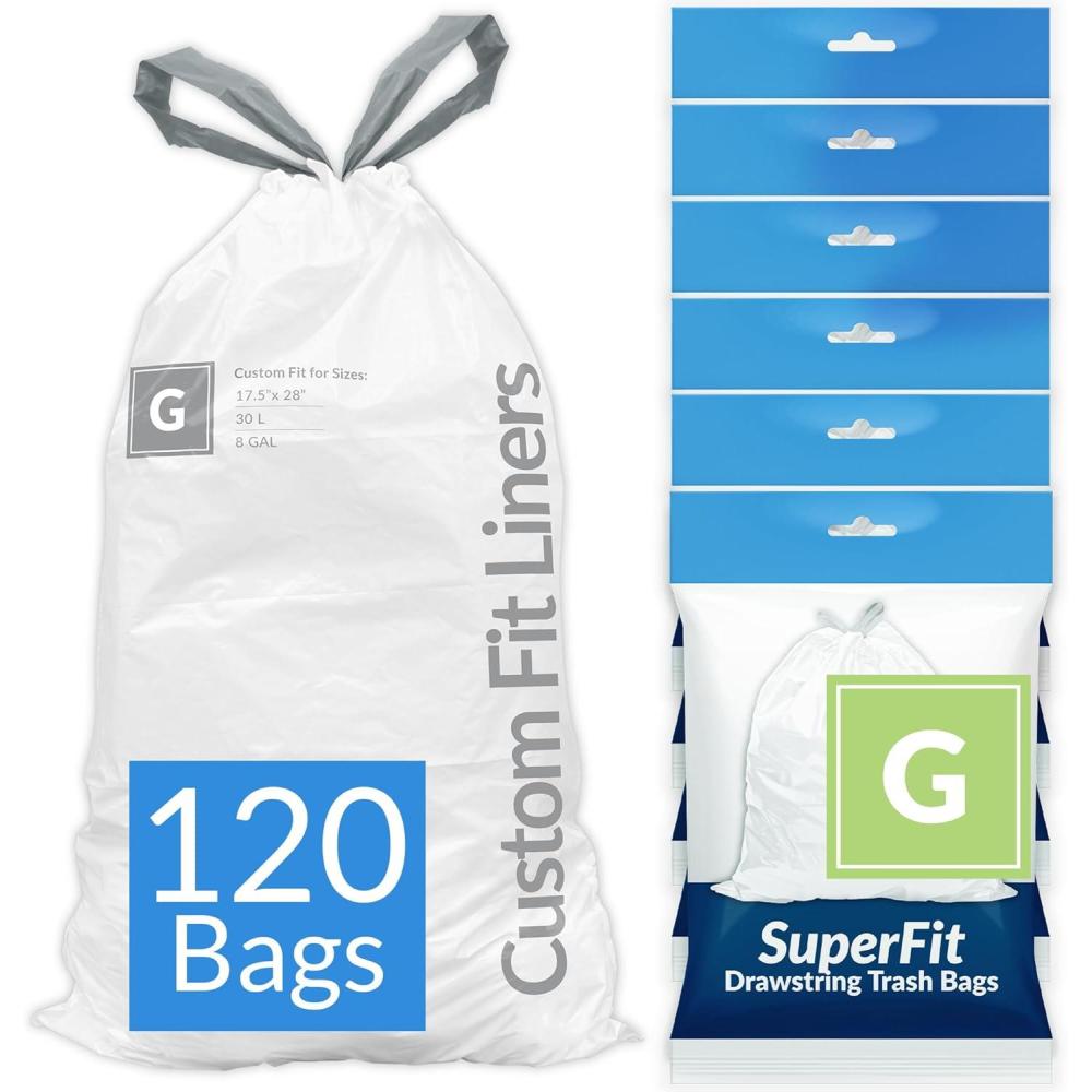 imageReli SuperFit Code G 120 Count  Compatible with Simplehuman Code G  Dispenser Pack Custom Fit Liners  Drawstring Trash Bags  30 Liter  8 Gallon  White