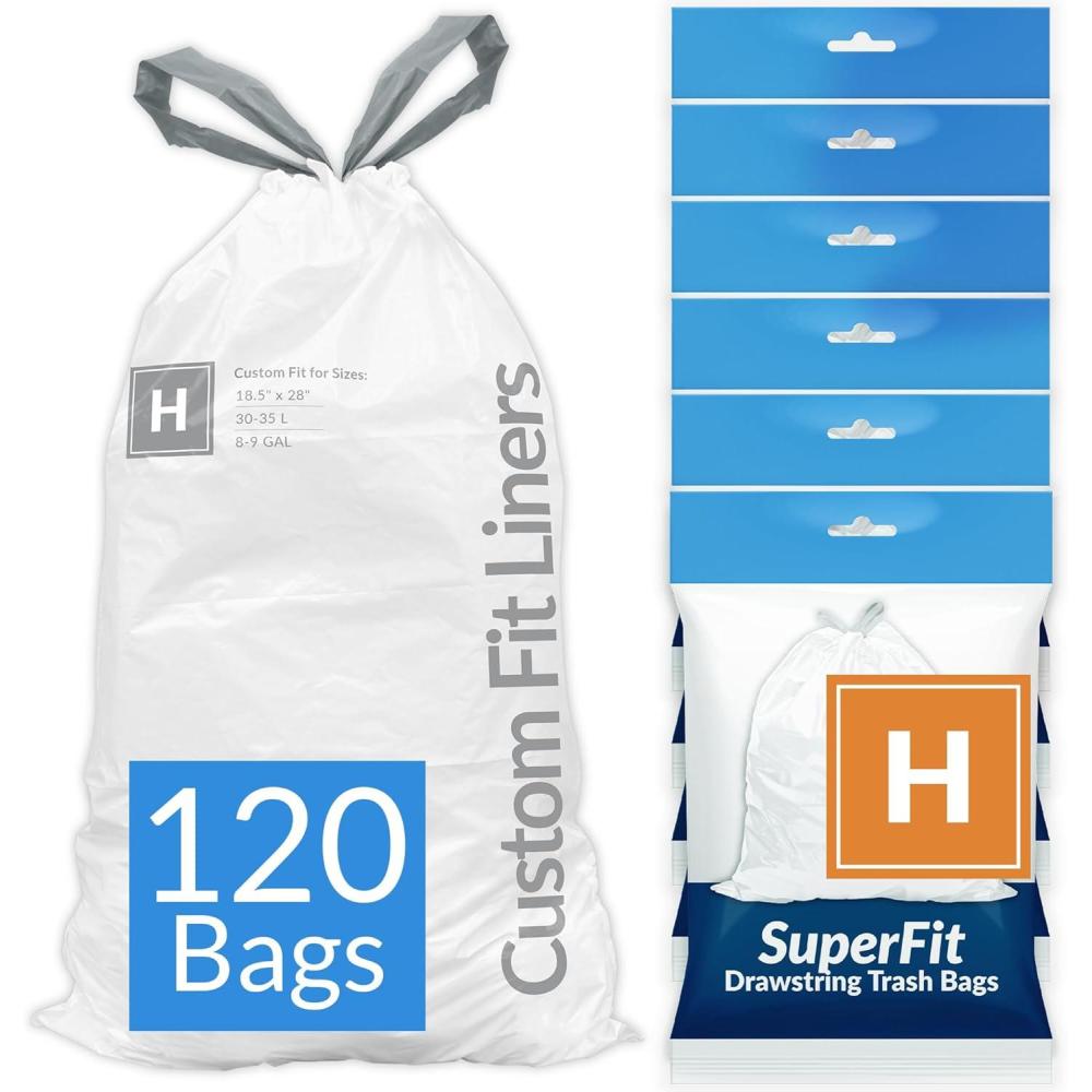 imageReli SuperFit Code H 120 Count Compatible with Simplehuman Code H Dispenser Pack Custom Fit Liners Drawstring Trash Bags 3035 Liter 89 Gallon White