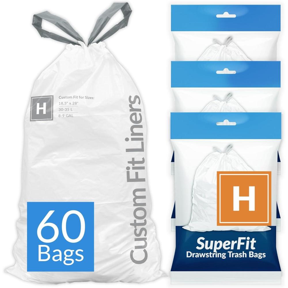 imageReli SuperFit Code H 60 Count Compatible with Simplehuman Code H Dispenser Pack Custom Fit Liners Drawstring Trash Bags 3035 Liter 89 Gallon White