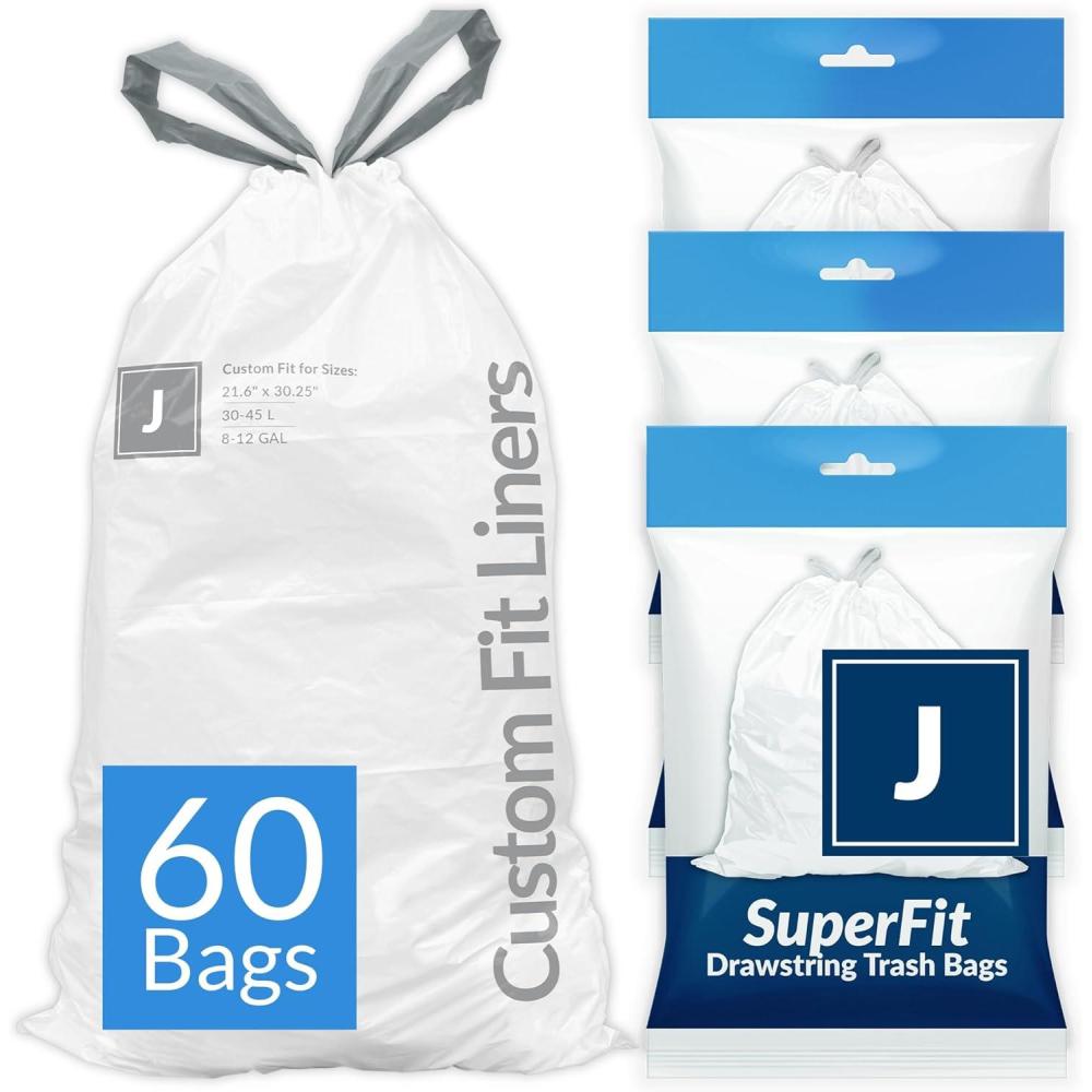 imageReli SuperFit Code J 60 Count Compatible with Simplehuman Code J Dispenser Pack Custom Fit Liners Drawstring Trash Bags 3045 Liter 812 Gallon White
